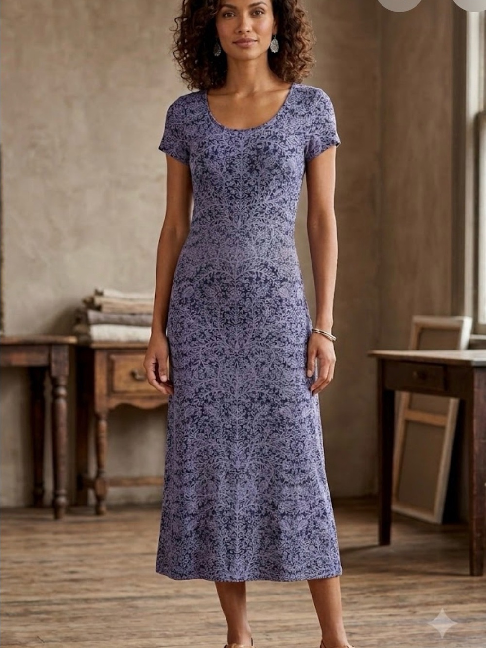 Peruvian Connection Purple Damask Floral Midi Dress Pima Cotton Size S